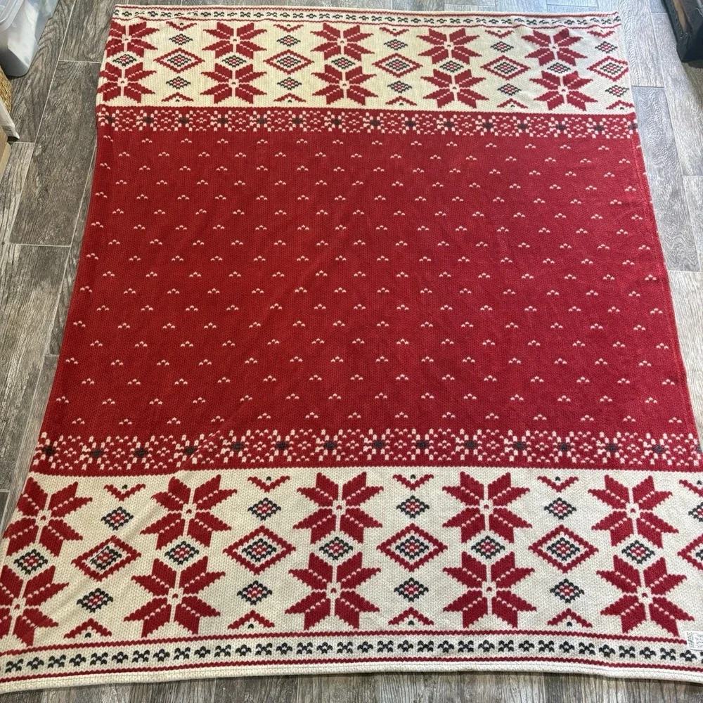VTG Lauren Ralph Lauren Snowflake Fair Isle Throw Blanket Red Ivory 58x71